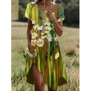 Women's Short Sleeve Summer Floral Dress Crew Neck Daily Going Out Casual Midi H-Line T-Shirt Dress