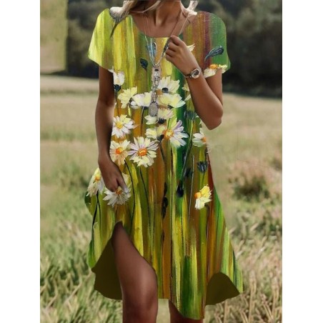 Women's Short Sleeve Summer Floral Dress Crew Neck Daily Going Out Casual Midi H-Line T-Shirt Dress