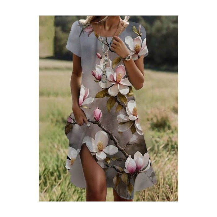 Women's Short Sleeve Summer Floral Dress Crew Neck Daily Going Out Casual Midi H-Line T-Shirt Dress