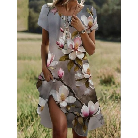 Women's Short Sleeve Summer Floral Dress Crew Neck Daily Going Out Casual Midi H-Line T-Shirt Dress