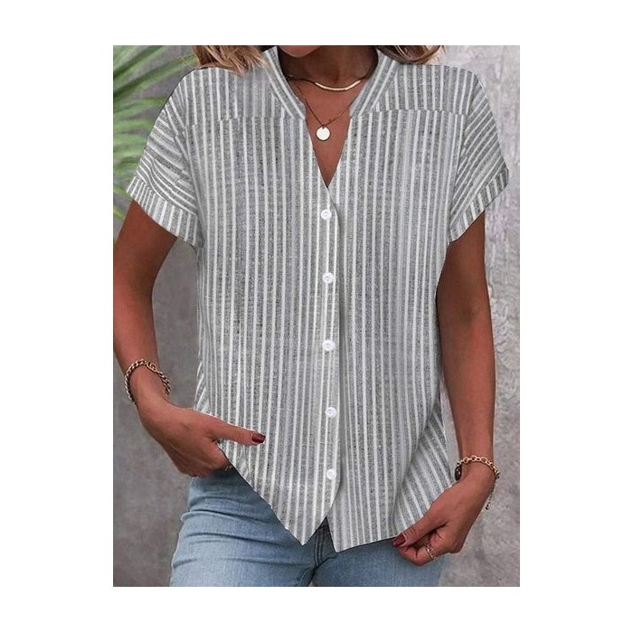 Stand Collar Striped Loose Casual Blouse