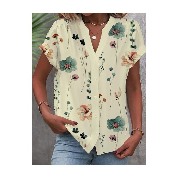 Buttoned Floral Loose Casual Blouse