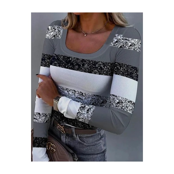 Women's U Neck Slim Color Block Long Sleeve Daily T-Shirts