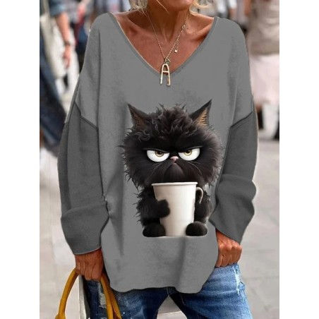 Cat Knitted V Neck Casual Blouse