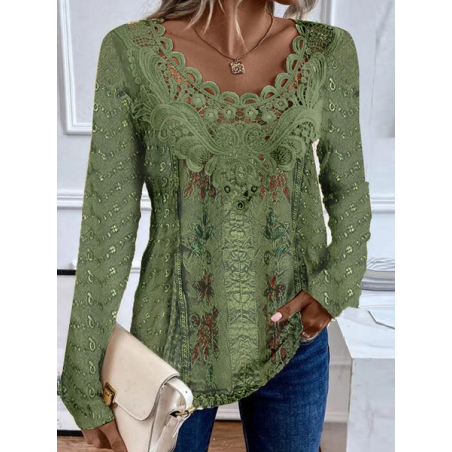 Women's Long Sleeve Blouse Spring/Fall Random Print Lace Jersey Crew Neck Daily Going Out Casual Top Green