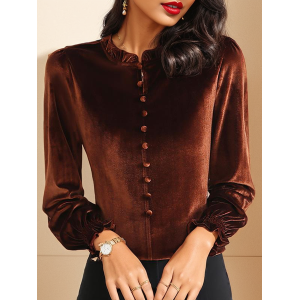 Women's Long Sleeve Blouse Spring/Fall Plain Buckle Velvet Lotus Leaf Collar Daily Going Out Casual Top