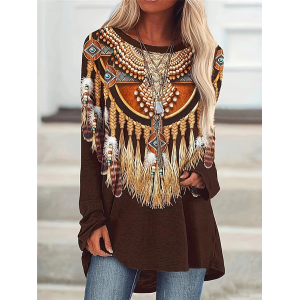 Women's Long Sleeve Tee T-shirt Spring/Fall Ethnic Printing Jersey Crew Neck Holiday Going Out Casual Top