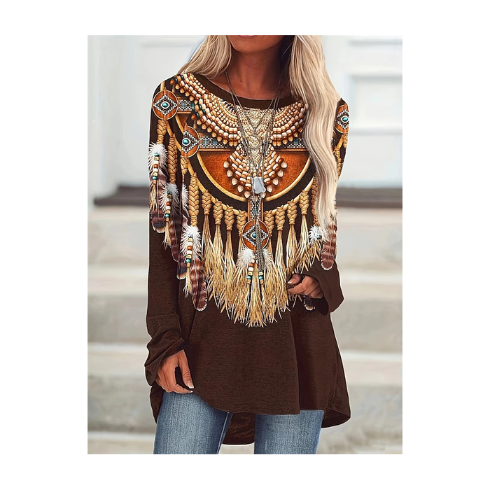 Women's Long Sleeve Tee T-shirt Spring/Fall Ethnic Printing Jersey Crew Neck Holiday Going Out Casual Top