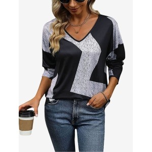Women's Long Sleeve Tee T-shirt Spring/Fall Colorblock Jersey V Neck Daily Going Out Casual Top