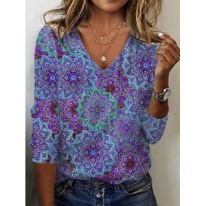 Women's Long Sleeve Tee T-shirt Spring/Fall Ethnic Jersey V Neck Holiday Going Out Casual Top