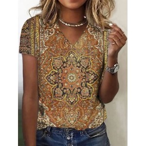 Women's Short Sleeve Tee T-shirt Summer Ethnic Jersey V Neck Holiday Going Out Casual Top