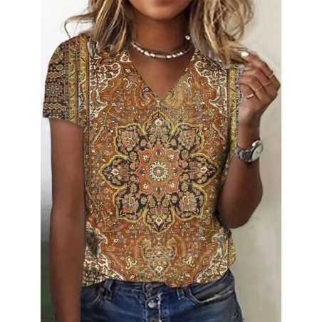 Women's Short Sleeve Tee T-shirt Summer Ethnic Jersey V Neck Holiday Going Out Casual Top