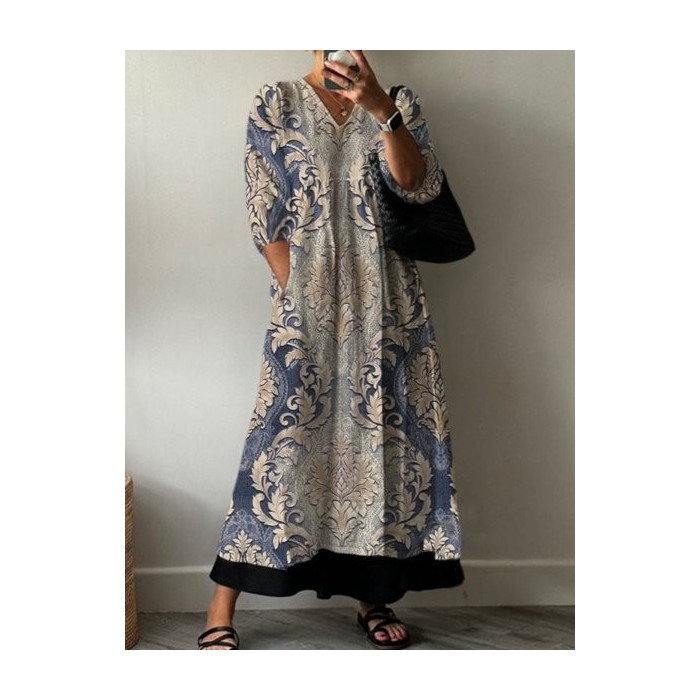 Women's Long Sleeve Spring/Fall Ethnic Jersey Dress V Neck Holiday Going Out Casual Maxi A-Line T-Shirt Dress