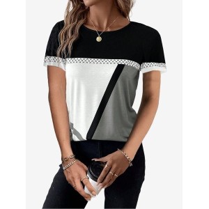 Women's Short Sleeve Tee T-shirt Summer Color Block Jersey Crew Neck Holiday Going Out Casual Top