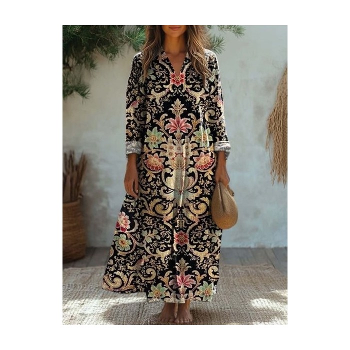 Women's Long Sleeve Spring/Fall Ethnic Jersey Dress V Neck Daily Going Out Casual Maxi A-Line T-Shirt Dress