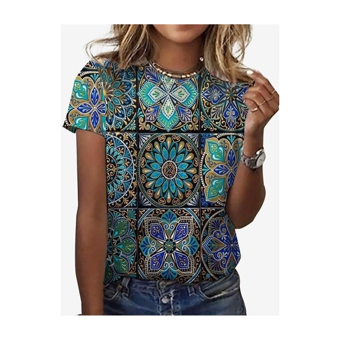 Women's Short Sleeve Tee T-shirt Summer Ethnic Jersey Crew Neck Holiday Going Out Casual Top