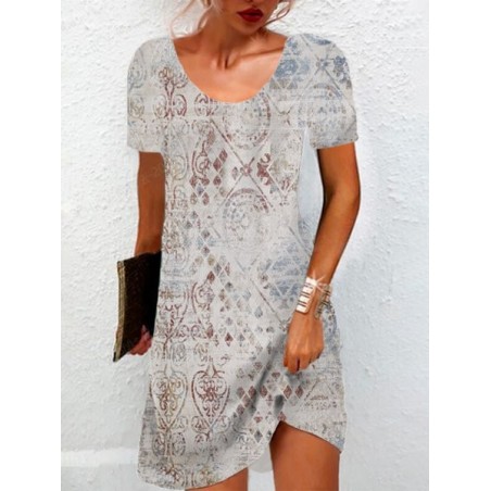 Women's Short Sleeve Summer Ethnic Jersey Dress Crew Neck Vacation Going Out Casual Mini H-Line TUNIC