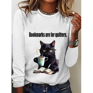 Women's Long Sleeve Tee T-shirt Spring/Fall Cat Jersey Crew Neck Daily Going Out Casual Top