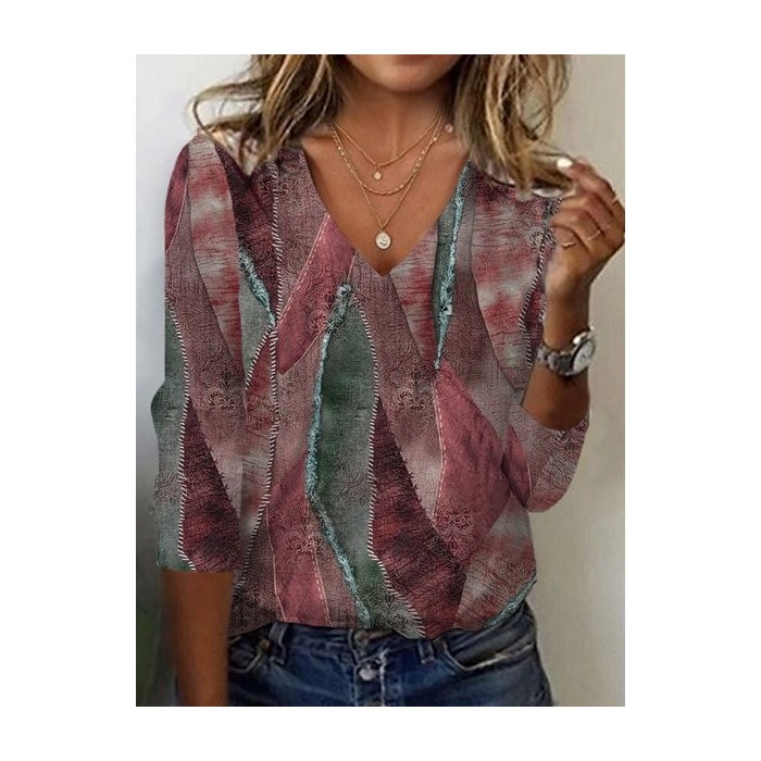 Women's Long Sleeve Tee T-shirt Spring/Fall Geometric Jersey V Neck Daily Going Out Casual Top