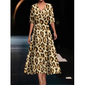 Women's Short Sleeve Summer Leopard Dress V Neck Daily Going Out Casual Maxi A-Line