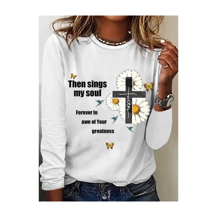 Women's Long Sleeve Tee T-shirt Spring/Fall Text Letters Jersey Crew Neck Daily Going Out Casual Top