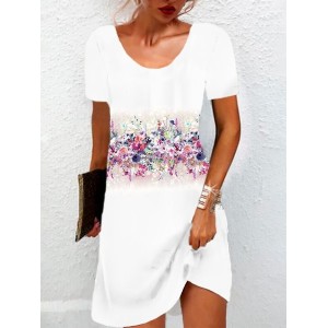 Women's Short Sleeve Summer Floral Jersey Dress Crew Neck Daily Going Out Casual Mini H-Line TUNIC