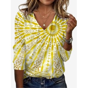 Women's Ethnic Sunshine Print Long Sleeve V Neck T-Shirt