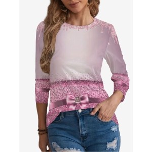 Women's Pink Bow Print Holiday Long Sleeve Crew Neck T-shirt