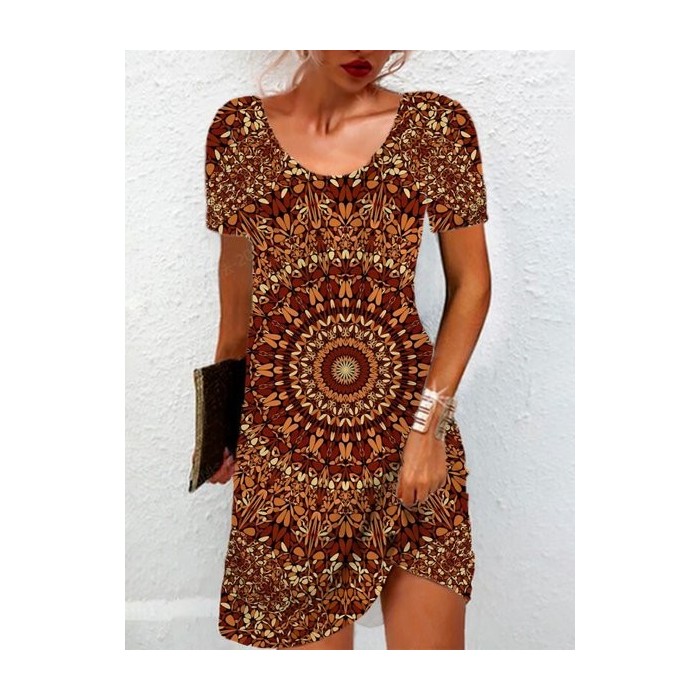 Women's Short Sleeve Summer Ethnic Jersey Dress Crew Neck Daily Going Out Casual Mini H-Line TUNIC