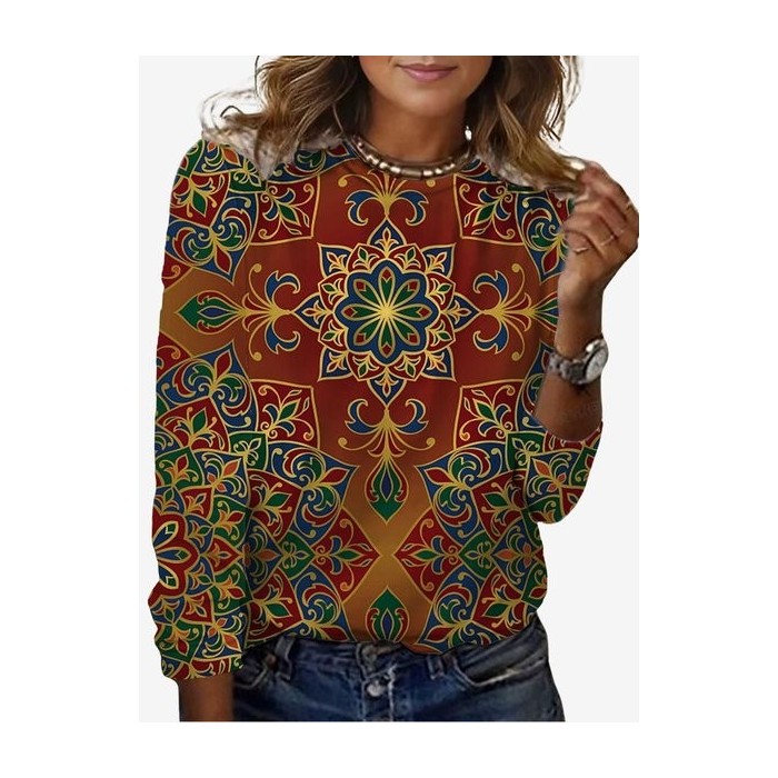 Women's Long Sleeve Tee T-shirt Spring/Fall Ethnic Jersey Crew Neck Daily Going Out Casual Top