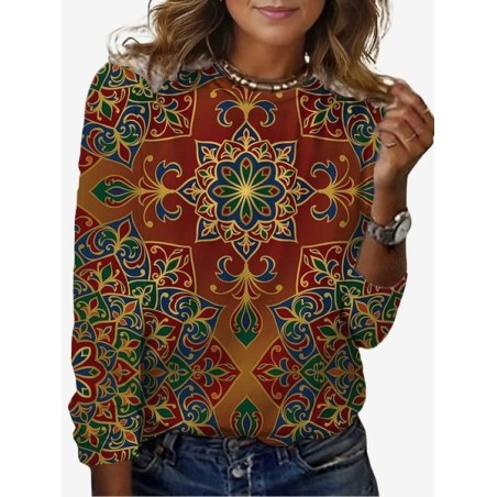 Women's Long Sleeve Tee T-shirt Spring/Fall Ethnic Jersey Crew Neck Daily Going Out Casual Top