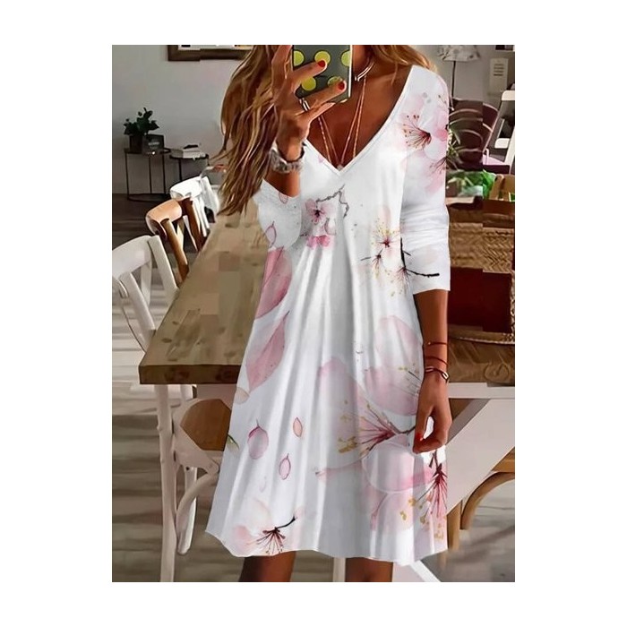 Women's Long Sleeve Summer Floral Jersey Dress V Neck Holiday Going Out Casual Midi A-Line TUNIC