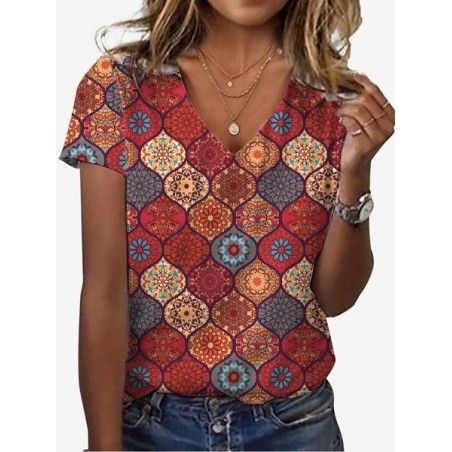 Women's  Moroccan Print V-Neck Short Sleeve Summer T-shirt