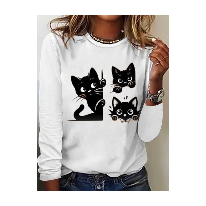 Women's Long Sleeve Tee T-shirt Spring/Fall Cat Jersey Crew Neck Daily Going Out Casual Top