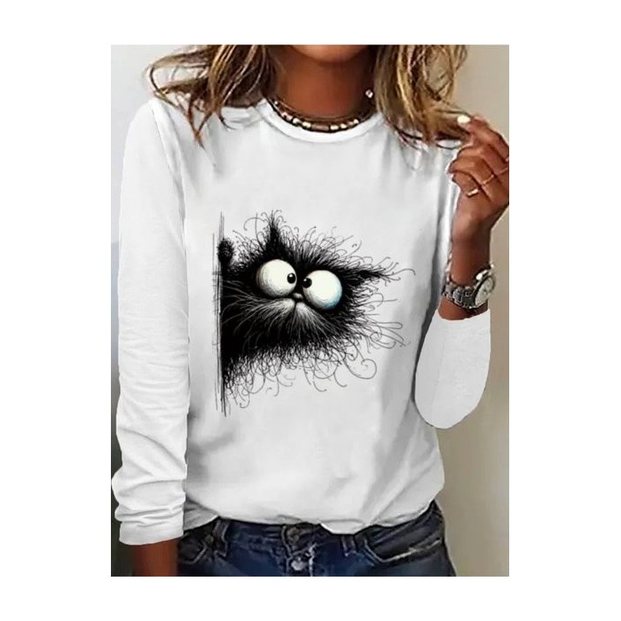Women's Long Sleeve Tee T-shirt Spring/Fall Cat Jersey Crew Neck Daily Going Out Casual Top