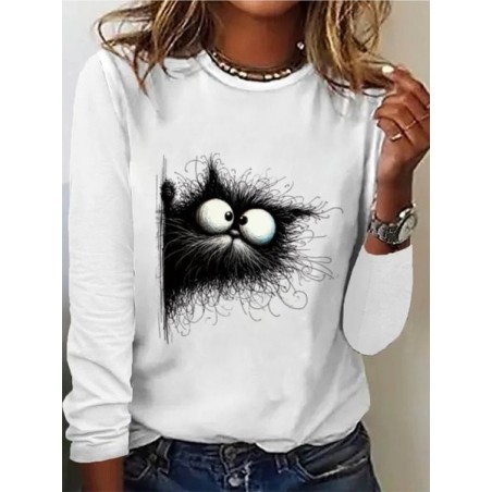 Women's Long Sleeve Tee T-shirt Spring/Fall Cat Jersey Crew Neck Daily Going Out Casual Top