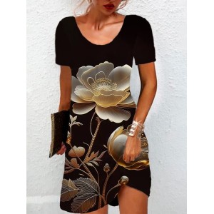 Women's Short Sleeve Summer Floral Jersey Dress Crew Neck Daily Going Out Casual Mini H-Line TUNIC