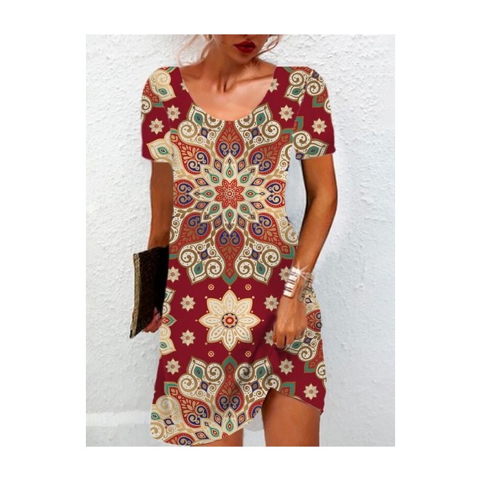 Women's Short Sleeve Summer Ethnic Jersey Dress Crew Neck Daily Going Out Casual Mini H-Line T-Shirt Dress