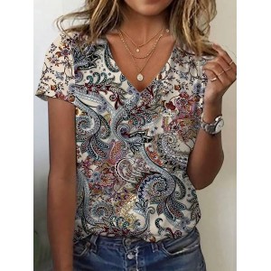 Women's Short Sleeve Tee T-shirt Summer Ethnic Jersey V Neck Holiday Going Out Casual Top