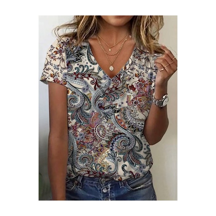 Women's Short Sleeve Tee T-shirt Summer Ethnic Jersey V Neck Holiday Going Out Casual Top