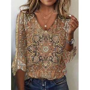 Women's Three Quarter Sleeve Tee T-shirt Spring/Fall Ethnic Jersey V Neck Daily Going Out Casual Top