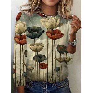 Women's Long Sleeve Tee T-shirt Spring/Fall Floral Jersey Crew Neck Daily Going Out Casual Top