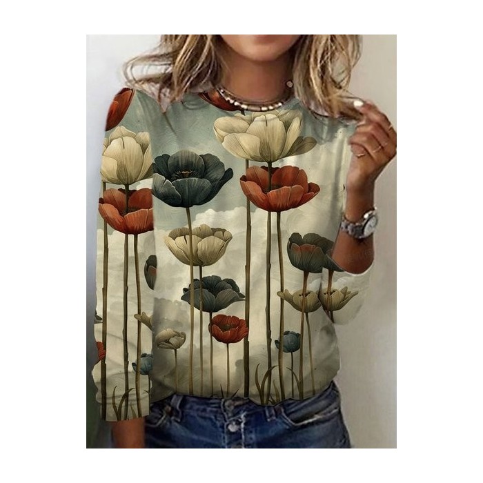 Women's Long Sleeve Tee T-shirt Spring/Fall Floral Jersey Crew Neck Daily Going Out Casual Top