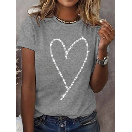 Women's Valentine's Day Design Heart Print Short Sleeve Crew Neck T-shirt