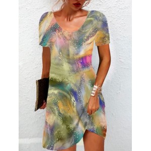 Women's Short Sleeve Summer Abstract Jersey Dress Crew Neck Daily Going Out Casual Mini H-Line TUNIC