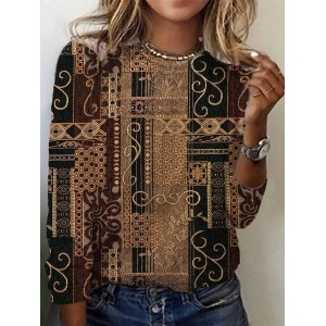 Women's Long Sleeve Tee T-shirt Spring/Fall Ethnic Jersey Crew Neck Daily Going Out Casual Top