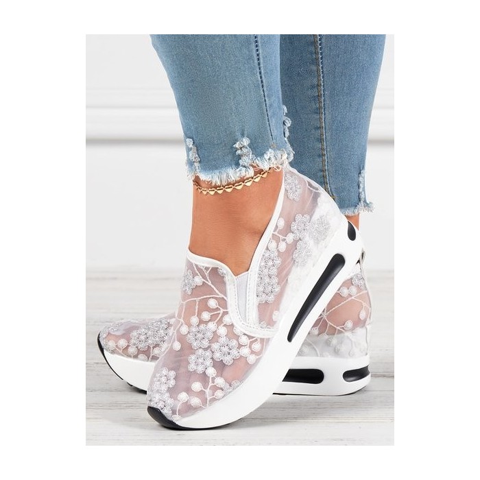 Floral Embroidery Breathable Platform Loafer Sheer Mesh Sneakers Hollow Out Tulle Comfortable Slip-On