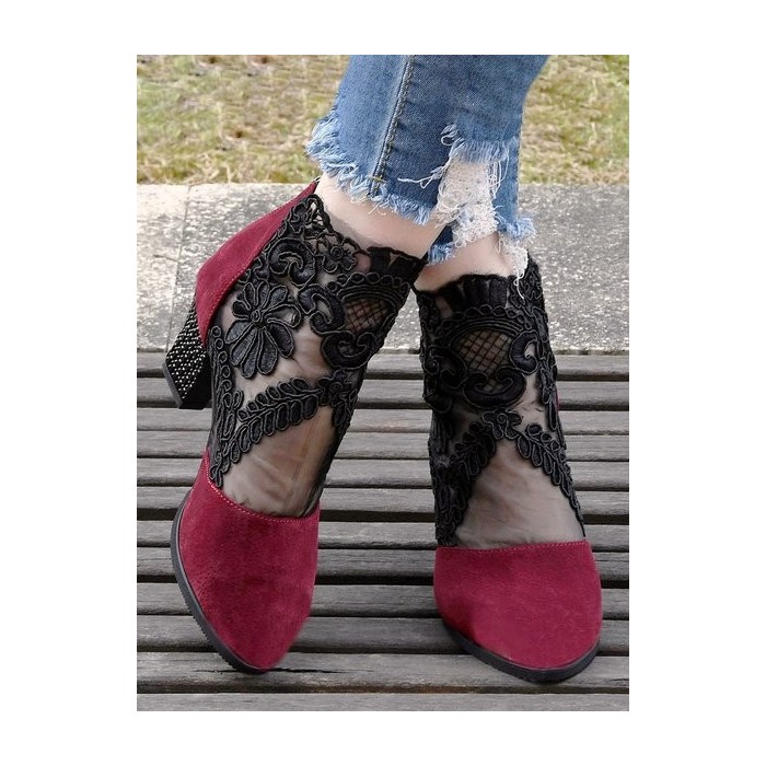 Lace Split Joint Chunky Heel Sandals Boots with Back Zip