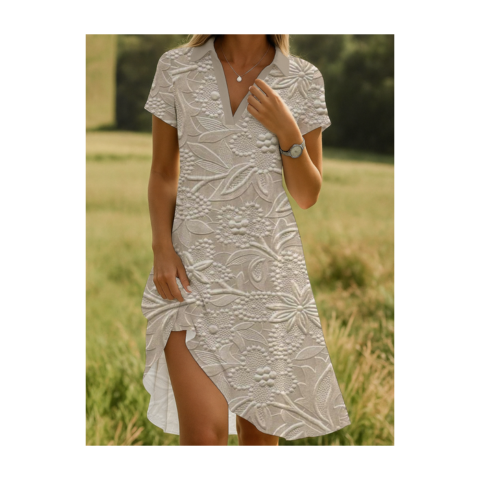 Women Floral Short Sleeve Summer Printing Dress Shawl Collar Daily Casual Knee Length A-Line Dress