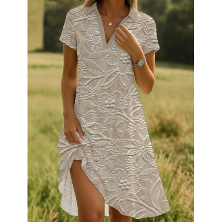Women Floral Short Sleeve Summer Printing Dress Shawl Collar Daily Casual Knee Length A-Line Dress